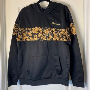 Rocawear Y2K Streetwear Black Hoodie Gold Baroque Paisley Print Kangaroo Pocket